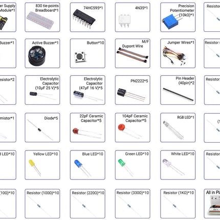 Basic Electronic Component Starter Kit with UNO R3 Breadboard LED Buzzer Resistor Capacitors HobbyInn