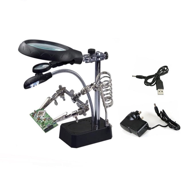 Solder Helping Hands Station LED Lamp Third Hand Repair Clamp Auxiliary Clip Stand Two Auxiliary Magnifying Glasses Lens Solder Iron Holder Stand with UK Power Adapter. HobbyInn