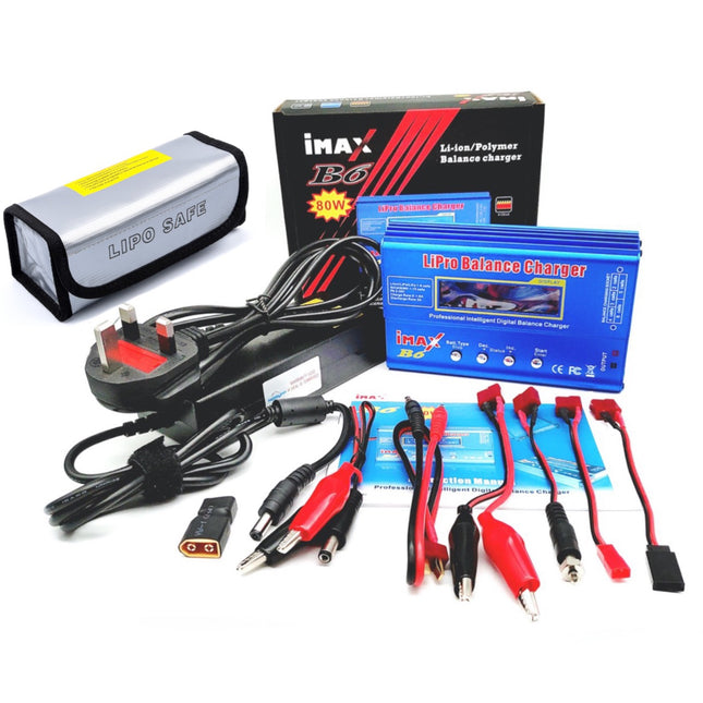 iMax B6 80W RC Lipo Battery Charger NiMh Li-ion Ni-Cd 6S RC Battery Balance Charging Discharge with Power Supply +  Lipo Safe Bag + U.K Power Lead